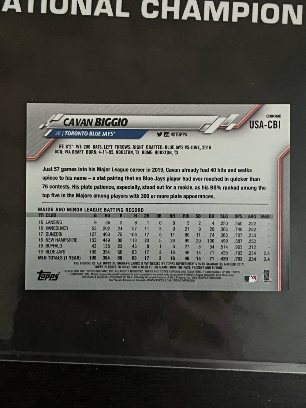 Cavan Biggio Autographed Topps Chrome Baseball Card
